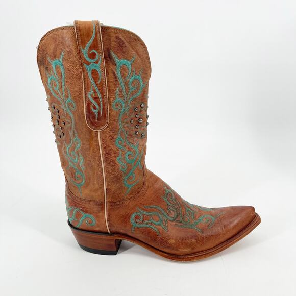 Lucchese Women’s 11 Cognac Leather Teal Stitch Studded Pointed Toe Cowgirl Boots - Picture 2 of 12